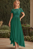 Lace Dark Green Asymmetrical Mother of the Bride Dress with Short Sleeves