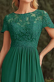 Lace Dark Green Asymmetrical Mother of the Bride Dress with Short Sleeves