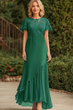 Dark Green Lace Chiffon Mother of the Bride Dress with Short Sleeves