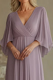 Lilac V-Neck Chiffon Mother of the Bride Dress with Half Sleeves