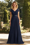 Navy Ruched V-Neck Chiffon Beaded Mother of the Bride Dress with Cap Sleeves