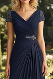 Navy Ruched V-Neck Chiffon Beaded Mother of the Bride Dress with Cap Sleeves