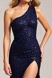 Sparkly Navy Mermaid One Shoulder Sequin Long Prom Dress With Slit