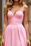 Pink A Line Spaghetti Straps Ruched Long Prom Dress With Slit