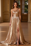 Gold A Line One Shoulder Long Metallic Prom Dress With Slit