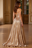 Gold A Line One Shoulder Long Metallic Prom Dress With Slit