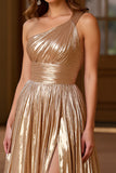 Gold A Line One Shoulder Long Metallic Prom Dress With Slit