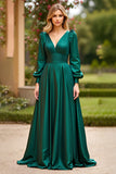 Dark Green A Line V Neck Long Sleeve Satin Long Prom Dress