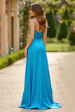 Blue A Line Spaghetti Straps Long Chiffon Prom Dress With Slit