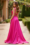 Fuchsia A Line Spaghetti Straps Satin Long Prom Dress With Slit