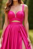 Fuchsia A Line Spaghetti Straps Satin Long Prom Dress With Slit