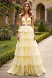 Light Yellow A Line Sweetheart Tiered Long Prom Dress With Beading