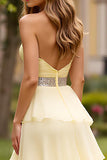 Light Yellow A Line Sweetheart Tiered Long Prom Dress With Beading