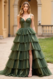 Olive Spaghetti Straps Tiered Long Prom Dress With Slit