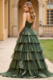 Olive Spaghetti Straps Tiered Long Prom Dress With Slit