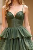 Olive Spaghetti Straps Tiered Long Prom Dress With Slit