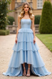 Sky Blue A Line Strapless Tiered Long Tulle Prom Dress