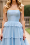 Sky Blue A Line Strapless Tiered Long Tulle Prom Dress