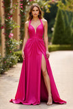 Halter A Line Fuchsia Satin Long Prom Dress With Slit