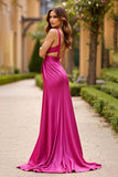 Fuchsia A Line Deep V Neck Ruched Long Prom Dress With Slit