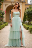 Light Green Strapless Tiered Long Tulle Prom Dress With Slit