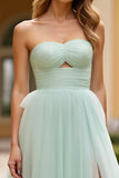 Light Green Strapless Tiered Long Tulle Prom Dress With Slit