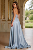 Sparkly Dusty Blue Spaghetti Straps Sequin Long Prom Dress With Slit