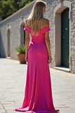 Sheath Fuchsia Off The Shoulder Long Satin Prom Dress With Slit