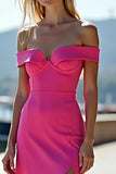 Sheath Fuchsia Off The Shoulder Long Satin Prom Dress With Slit