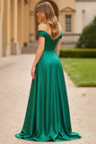 Dark Green Off The Shoulder Ruched Long Satin Prom Dress