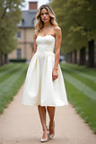 White Strapless Pleated Satin Short A Line Graduation Dress