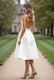 White Strapless Pleated Satin Short A Line Graduation Dress