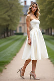 White Strapless Pleated Satin Short A Line Graduation Dress