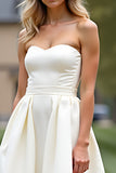 White Strapless Pleated Satin Short A Line Graduation Dress