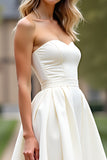 White Strapless Pleated Satin Short A Line Graduation Dress