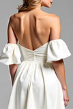 White A Line Off The Shoulder Satin Graduation Dress