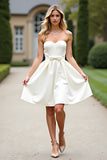 A Line White Strapless Satin Short Graduation Dress