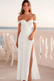 A Line White Off The Shoulder Wedding Dress with Slit