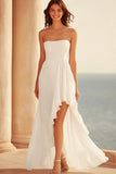 A Line White Strapless Wedding Dress with Slit