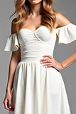 White A Line Off The Shoulder Pleated Graduation Dress