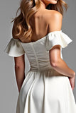 White A Line Off The Shoulder Pleated Graduation Dress