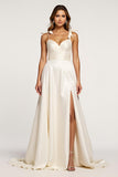 A Line White Spaghetti Straps Satin Formal Dress with Slit