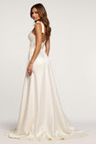 A Line White Spaghetti Straps Satin Formal Dress with Slit