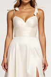 A Line White Spaghetti Straps Satin Formal Dress with Slit