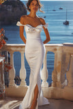 Mermaid White Off The Shoulder Wedding Dress with Slit