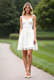 A Line White Spaghetti Straps Lace Short Graduation Dress