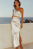 Ivory Satin Sheath One Shoulder Long Graduation Dress