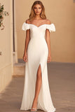 Off The Shoulder White Sheath Long Formal Dress with Slit