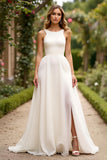 Ivory A Line Chiffon Long Wedding Dress with Slit