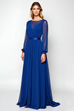 Royal Blue Chiffon Long Sleeves A Line Mother of the Bride Dress